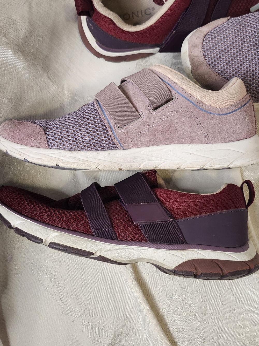2 Pairs Of VIONIC Velcro Sneakers in Mauve and Burgundy